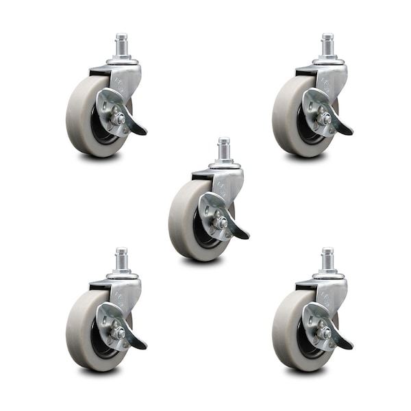3 Inch Thermoplastic Wheel 7/8 Inch Grip Ring Stem Caster with Brakes, 5PK